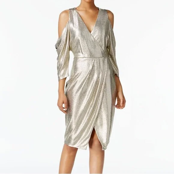 Holiday or NYE RACHEL Rachel Roy Metallic Wrap Dress w/Cold Shoulder, Size M